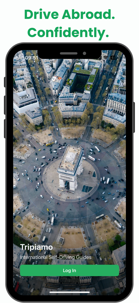 Tripiamo - Tripiamo app login screen showing an aerial view of the Arc de Triomphe roundabout in Paris for international driving guides