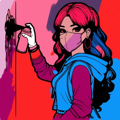 realistic girl with mask spray painting a wall