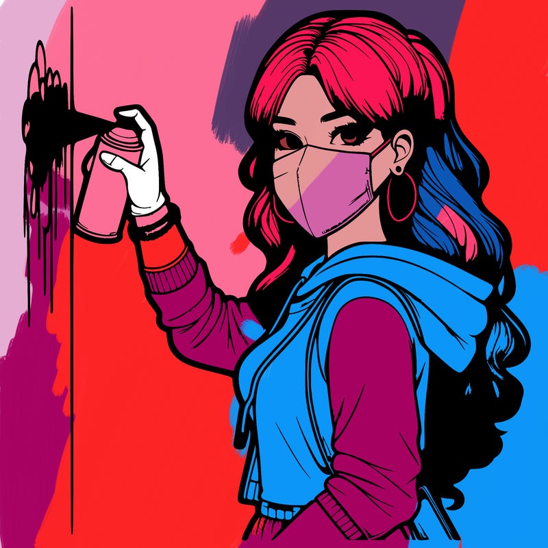 realistic girl with mask spray painting a wall