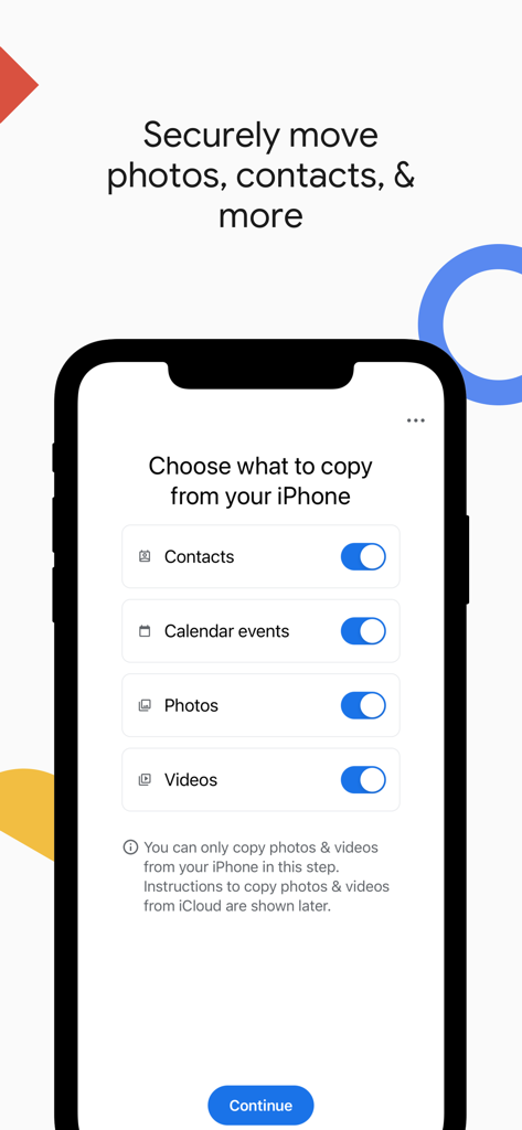 Android Switch - Interfaz de la aplicación Android Switch mostrando opciones de activación para copiar contactos, eventos del calendario, fotos y vídeos de un iPhone