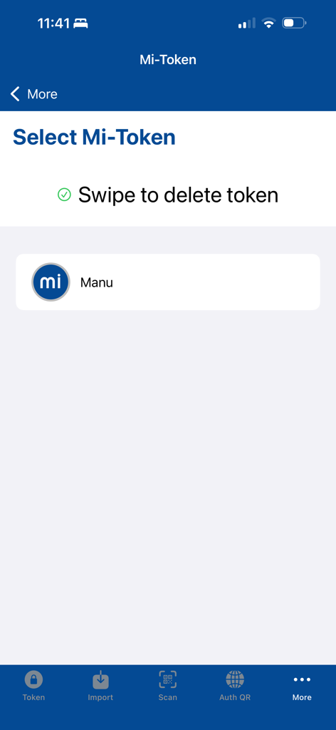 Mi-Token Authenticator app interface showing a list of security tokens with an option to swipe and delete