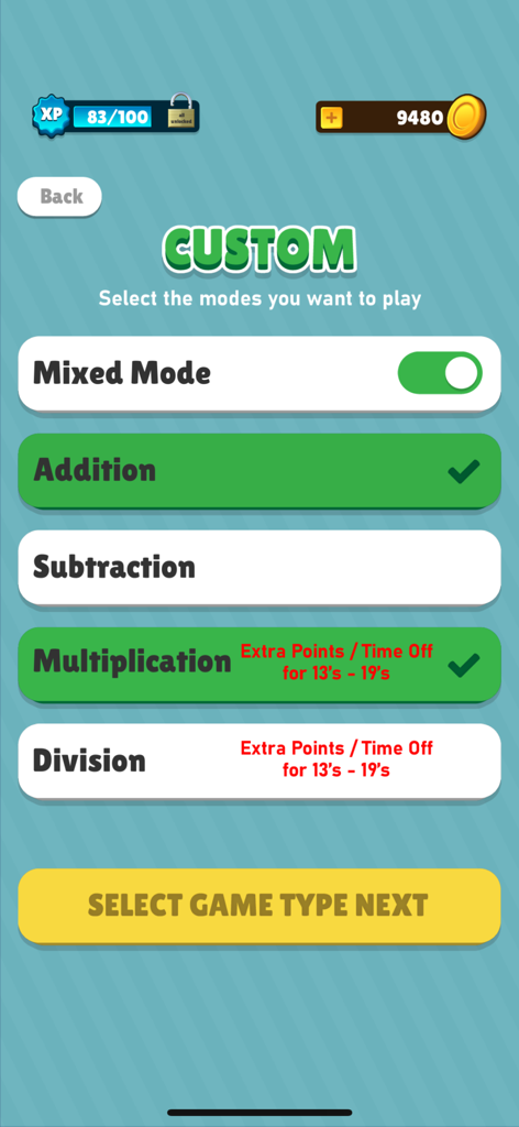 Quick Math Daily - Custom game mode selection screen in Quick Math Daily app