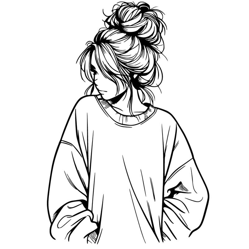 a realistic girl with a messy bunny and baggy sweatshirt