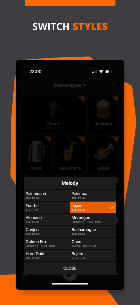 Merengue Rhythms - BeatLab - Un'interfaccia di app mobile che mostra un menu per passare tra diversi stili musicali di merengue e impostazioni BPM