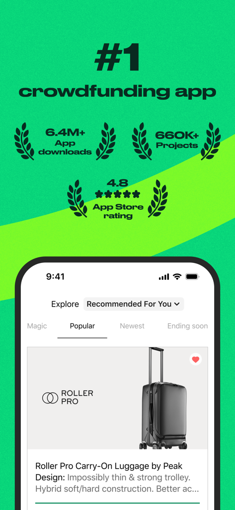 Kickstarter: Projects You Love - Kickstarter app interface displaying popular crowdfunding projects and platform statistics