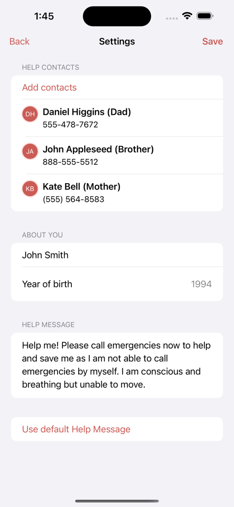Settings screen of the Save Me app displaying emergency contacts and a pre-composed help message.