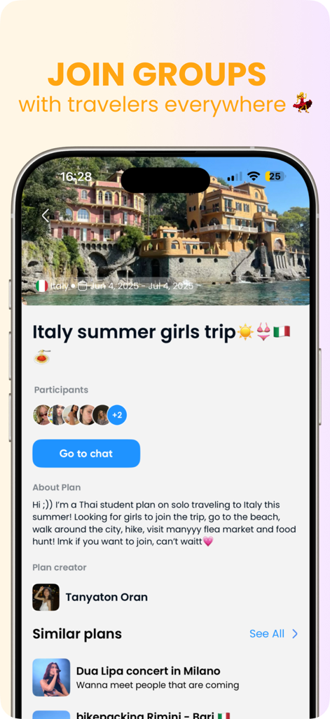 Going Solo: Travel Friends - Going Solo app interface showing a travel group plan for an Italy summer girls trip with participants and chat options.
