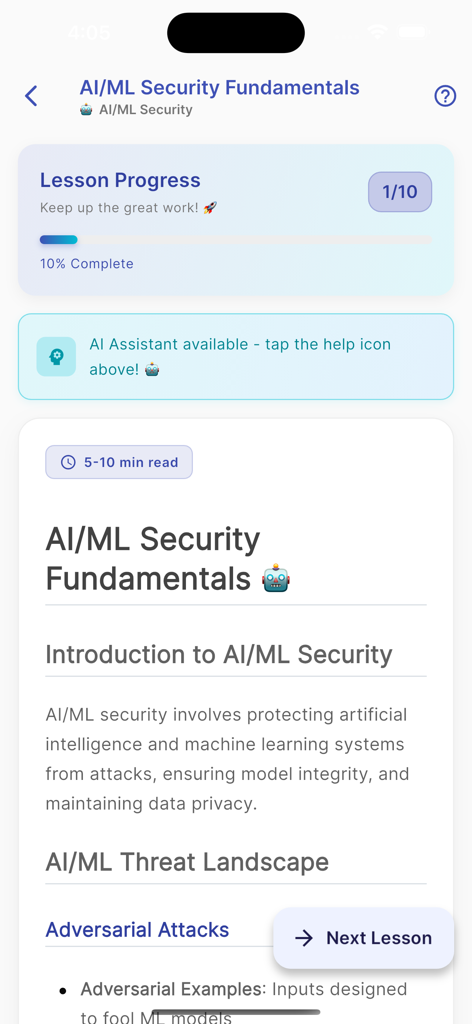 Eine mobile App-Oberfläche, die eine Lektion über die Grundlagen der KI- und ML-Sicherheit mit einer Fortschrittsanzeige und dem Lektionsinhalt anzeigt.