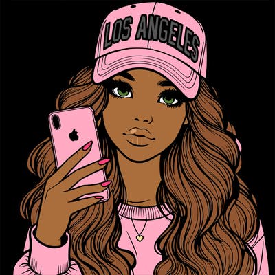 realistic beautiful girl wearing los ángeles cap holding an iphone