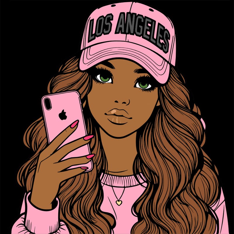 realistic beautiful girl wearing los ángeles cap holding an iphone