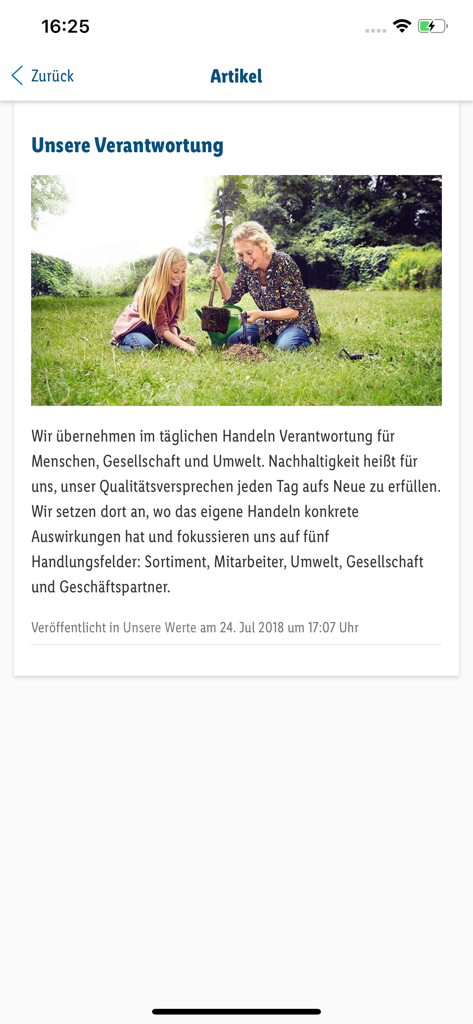 A corporate responsibility article in the We Are Lidl app featuring an image of people planting a tree.