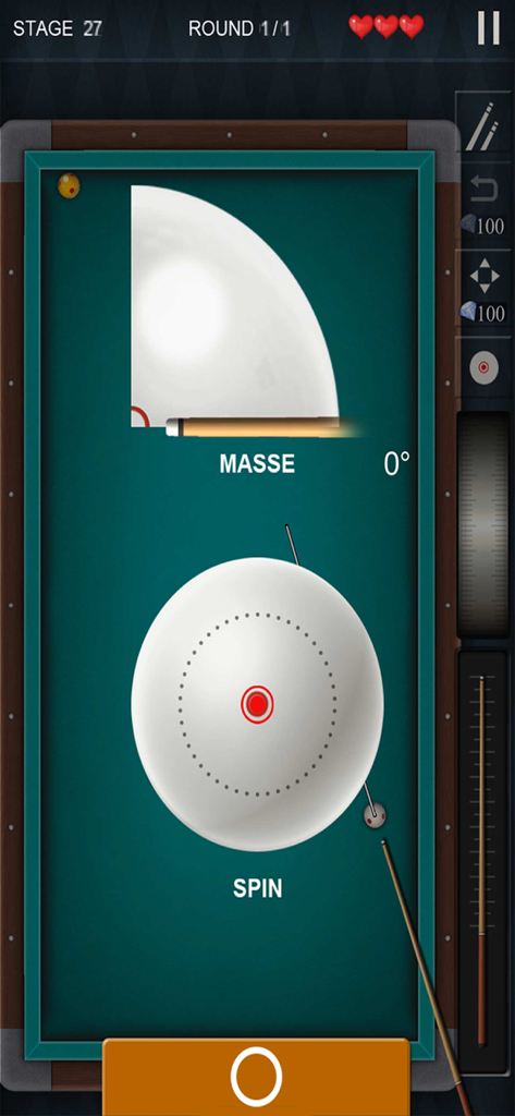 Pro Billiards 3balls 4balls - Precision spin and masse shot adjustment interface in the carom billiards game