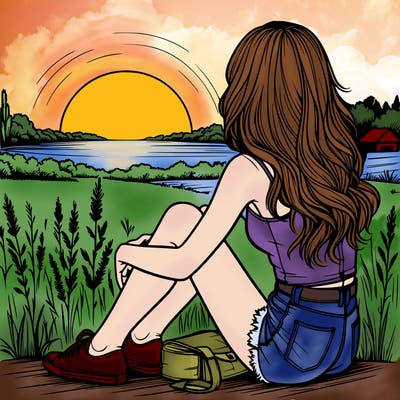 realistic girl sitting and watching the sunset