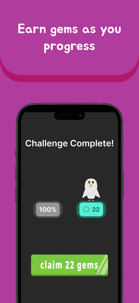 Werd - Scripture Study - Un telefono cellulare che visualizza una schermata di sfida completata nell'app Werd con una ricompensa di 22 gemme e una mascotte uccello.