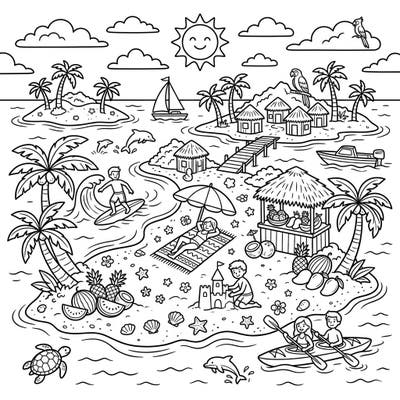 Escape to a sunny paradise with this delightful summer island coloring page! Explore lively beach scenes, playful ocean activities, and lush tropical landscapes, all waiting for your creative touch.