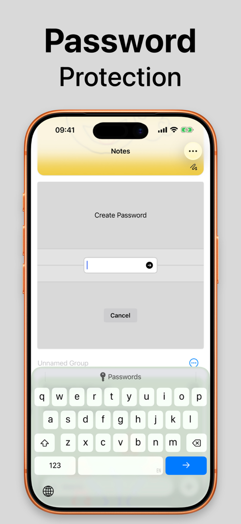Sticky Note Widget. Stickies - Pantalla de iPhone que muestra la interfaz de creación de contraseña para asegurar notas privadas en la aplicación Sticky Note