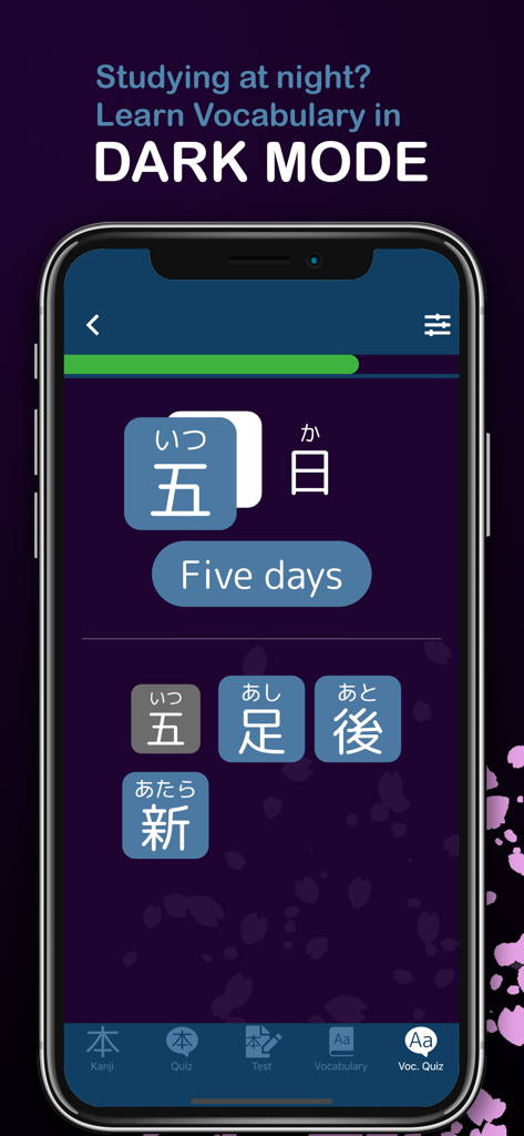 Kanji GO – Learn Japanese - Interface de l'application Kanji GO montrant un quiz de vocabulaire japonais en mode sombre.