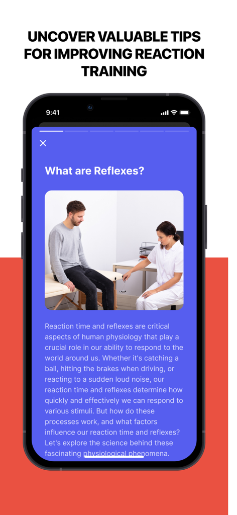 Reaction Time & Reflex Test - Tela educacional do aplicativo Tempo de Reação explicando a ciência por trás dos reflexos e do treinamento de reação.