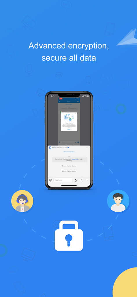 AirDroid Business App-Oberfläche, die erweiterte Verschlüsselung und sichere Daten für die Fernunterstützung hervorhebt.