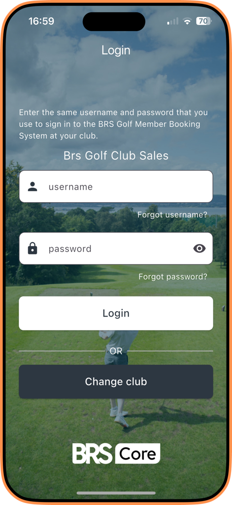 BRS Golf app member login screen with username and password fields