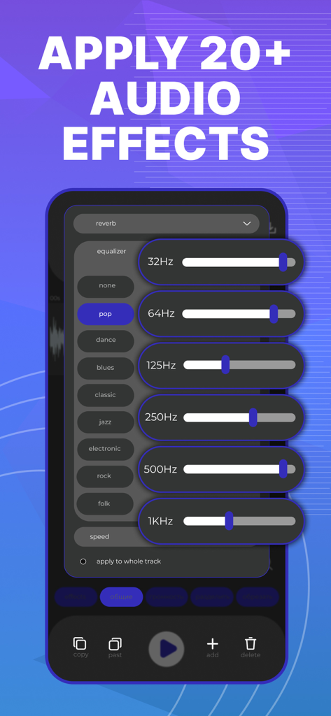 Audio Editor - AudioLab, Mixer - A mobile interface for the AudioLab app showing a multi-band equalizer with adjustable frequency sliders.