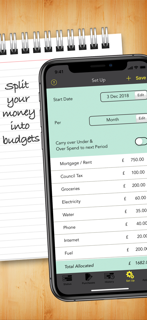 Budgets Pro - Expense Tracker - Screenshot der Budgets Pro App, der eine Einrichtungsoberfläche für monatliche Budgetkategorien wie Miete, Lebensmittel und Nebenkosten zeigt.