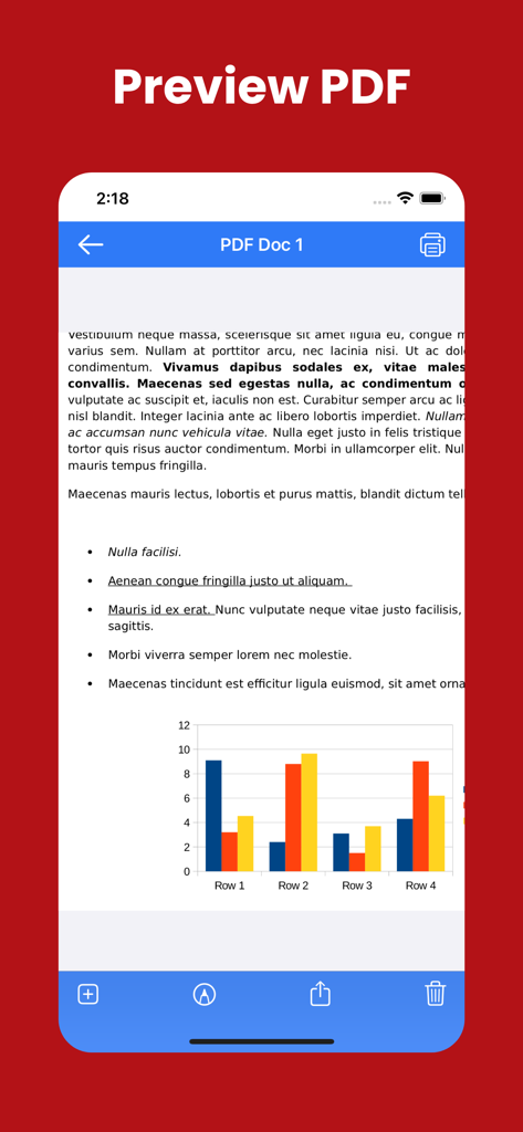 Schermata di un'applicazione mobile che mostra un'anteprima di un documento PDF contenente testo e un grafico a barre a colori