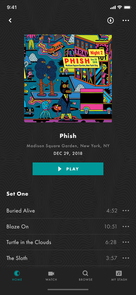 Screenshot of the LivePhish app showing a concert setlist from Madison Square Garden including the song Buried Alive