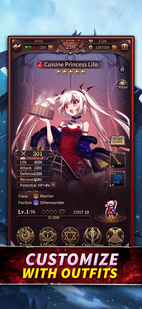 Bloodline: Last Royal Vampire - 블러드라인 라스트 로열 뱀파이어 모바일 게임의 큐이진 릴로 공주 캐릭터 프로필로, 의상 커스터마이징 기능이 강조되어 있습니다.