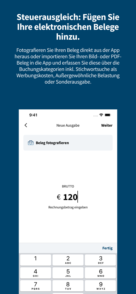 Interface of the FinanzOnline app showing the entry of a 120 Euro receipt for a tax assessment.