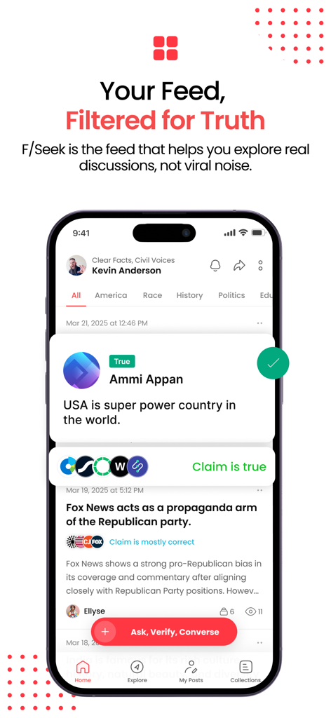 fseek - A screenshot of the fseek mobile app displaying a truth-filtered news feed with verified factual claims.