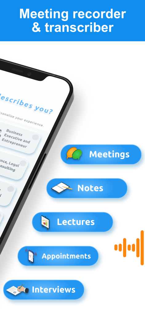 Transcribe Audio to Text – AI - Interfaz de la aplicación de transcripción de IA que muestra opciones para grabar reuniones, notas, conferencias, citas y entrevistas