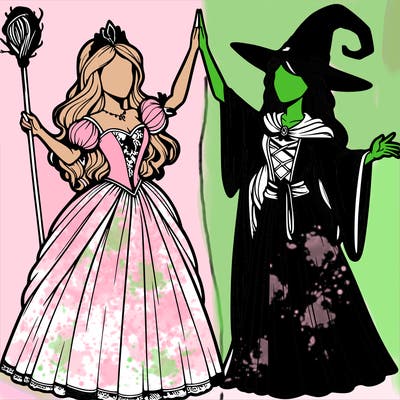 detailed realistic split of a princess and a witch