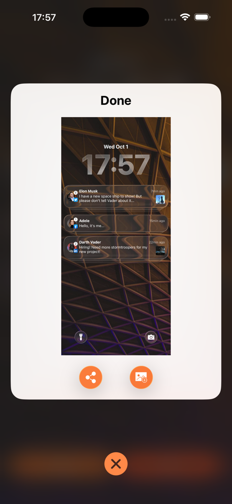 Preview of a fake iPhone lock screen showing custom prank notifications from celebrities