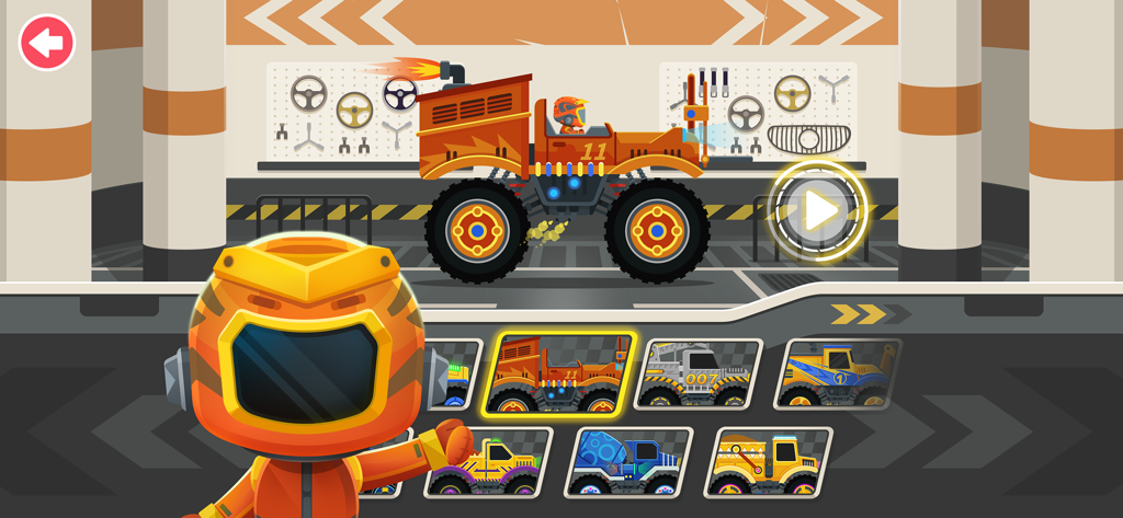 Monster truck selection menu in a garage with an orange truck and a cartoon driver