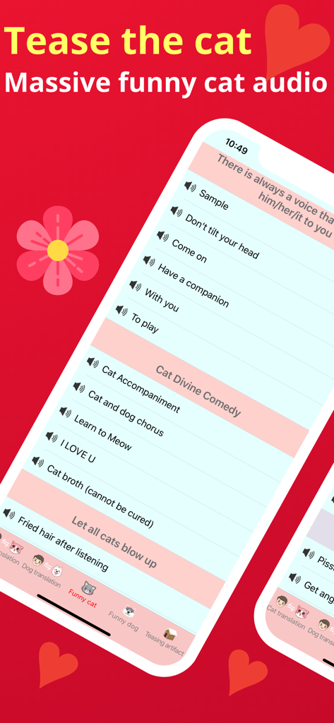Dog&Cat  translator pet co - A mobile app interface displaying a list of funny cat sounds for teasing pets