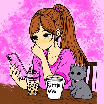 make a realistic girl with a pony tail and make her hold a phone in her left hand and put a cup of boba in her right hand and on her lap is a baby kitten
