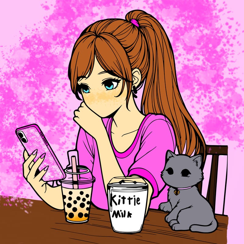 make a realistic girl with a pony tail and make her hold a phone in her left hand and put a cup of boba in her right hand and on her lap is a baby kitten