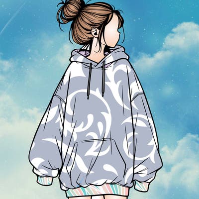 realistic girl with a oversized sweatshirt on and a bun