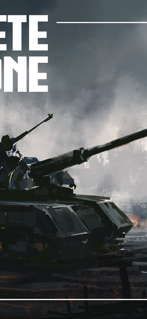 Digital artwork of a military tank in a smoky warzone environment