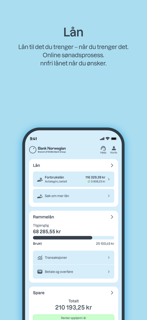 Bank Norwegian mobile app screen showing consumer loan and savings account overview.