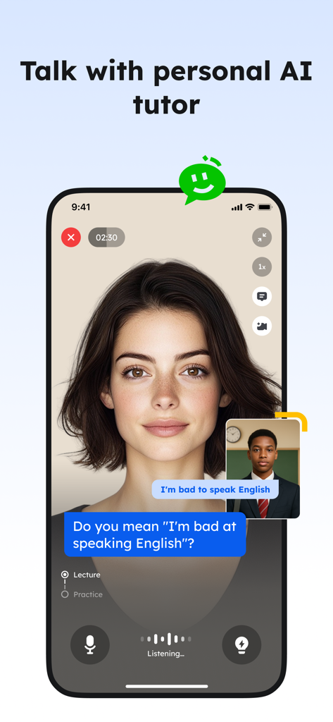 English Learning - Easy Speak - Un tutor AI personale fornisce correzioni grammaticali in tempo reale in un'interfaccia di videochiamata