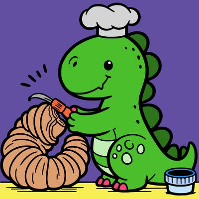 dinosaur building a croissant
