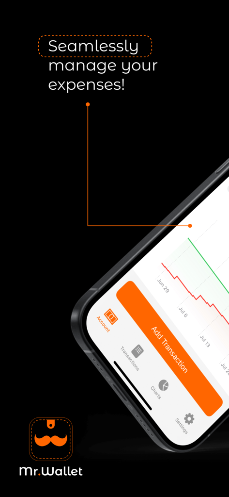 MrWallet: Money Tracker - Interfaz de la aplicación MrWallet en iPhone con botón para agregar transacción y gráficos de gastos