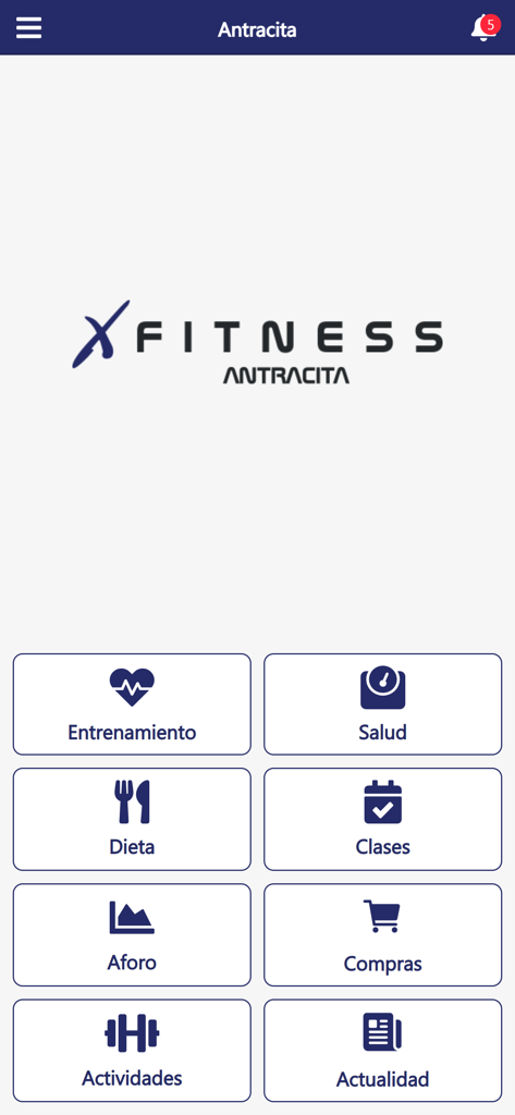 X-Fitness - X-Fitnessアプリのホーム画面、様々なフィットネスおよびジム管理アイコンが表示されている