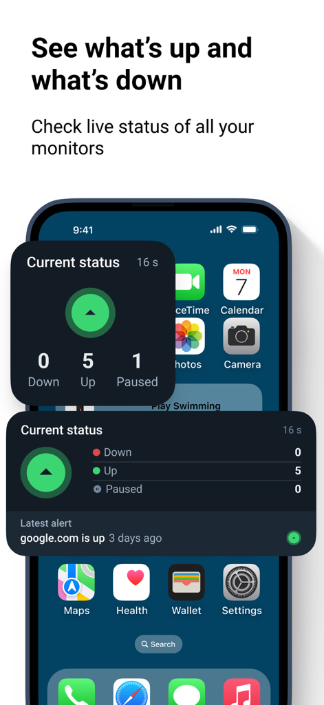 Deux widgets de l'écran d'accueil iOS UptimeRobot affichant le statut actuel du site Web et les dernières alertes d'uptime