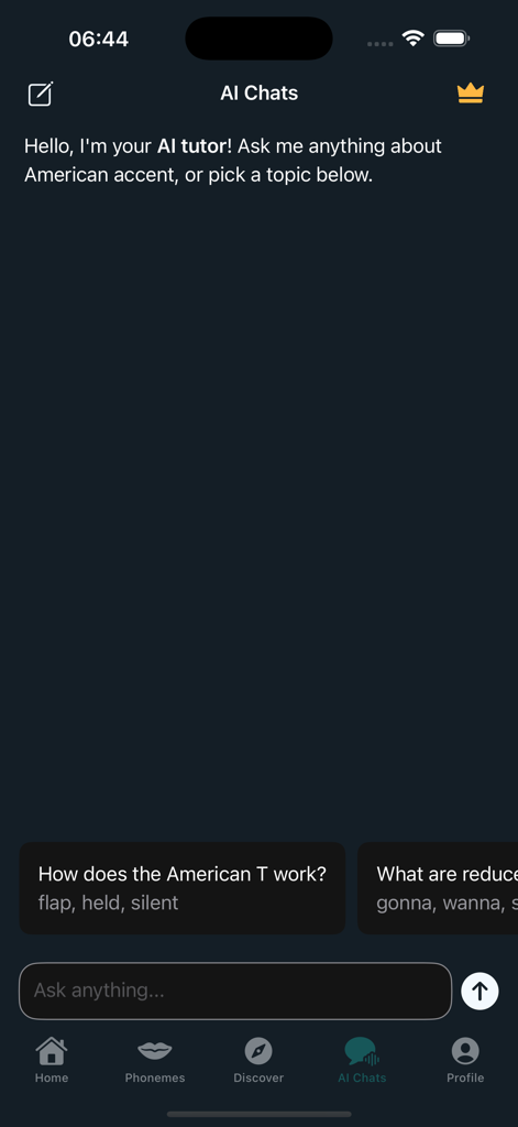 Accent Training - Pantalla de chat del tutor de IA en la aplicación Accent Training para la práctica del acento americano.