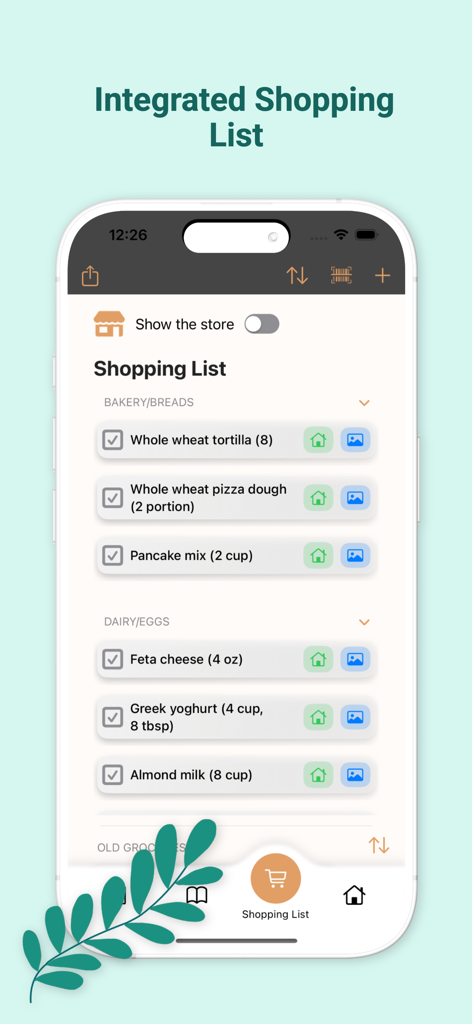 Meal Planner Family - Une liste de courses numérique montrant les articles d'épicerie classés par allée dans l'application Meal Planner Family