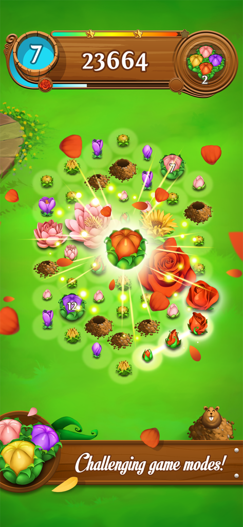 Blossom Blast Saga - Jogabilidade de Blossom Blast Saga mostrando flores desabrochando e reações em cadeia num puzzle de jardim