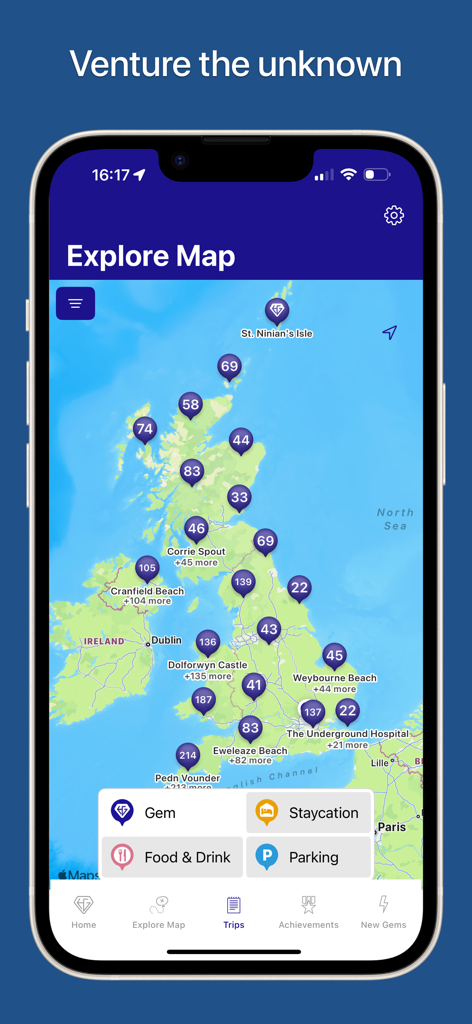 UK Hidden Gems - An interactive map of the United Kingdom showing hidden travel gems and unique staycations.